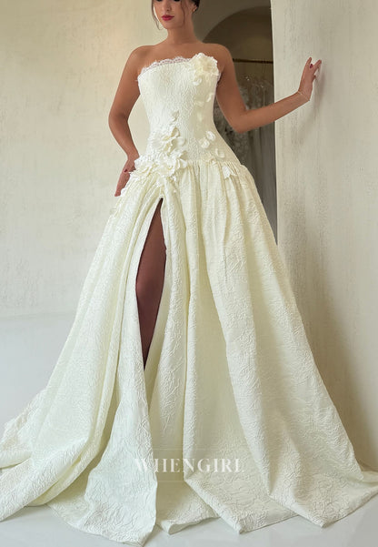 Strapless Jacquard Ball Gown with High Slit