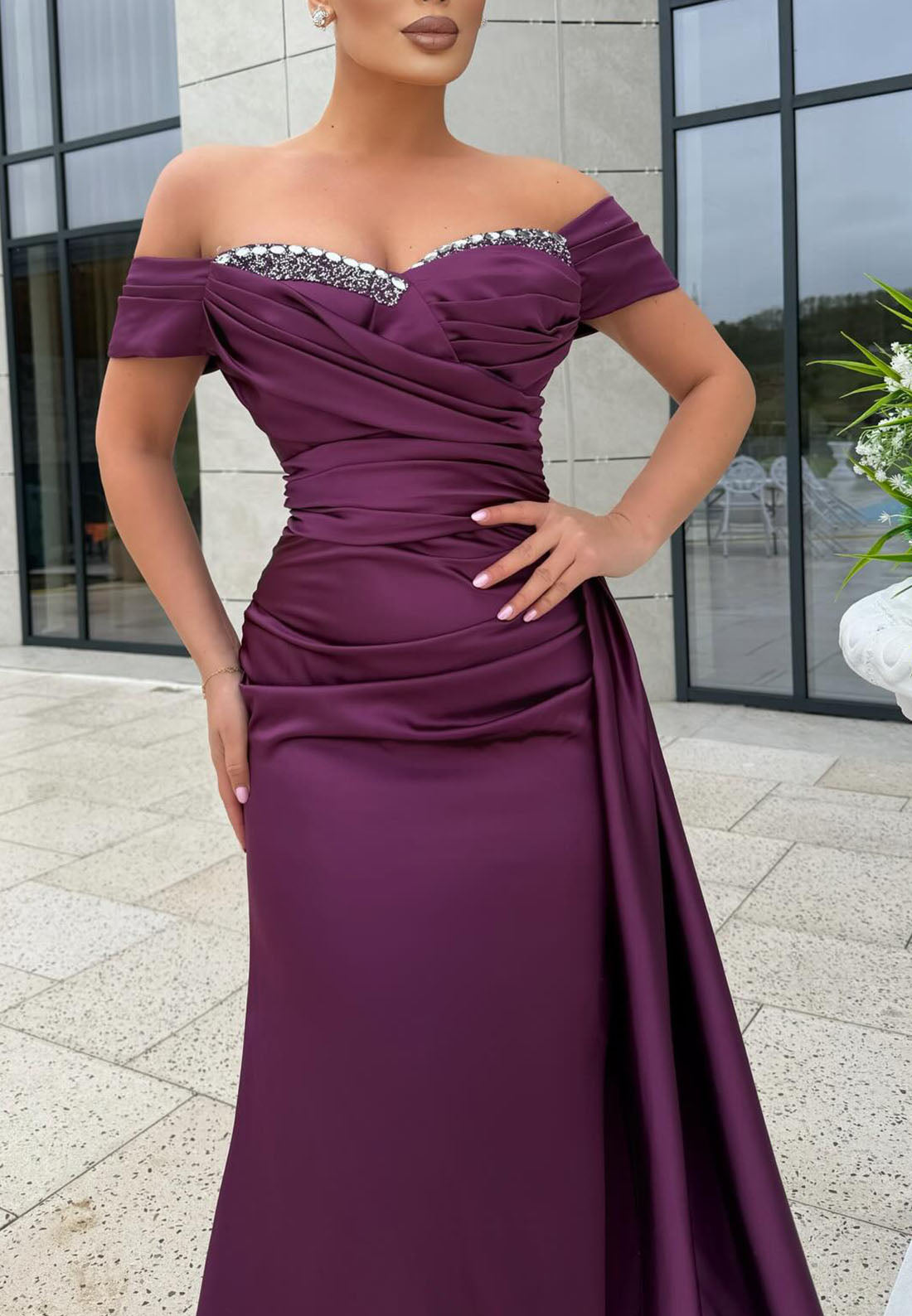 Off-Shoulder Ruched Satin Gown with Beaded Trim