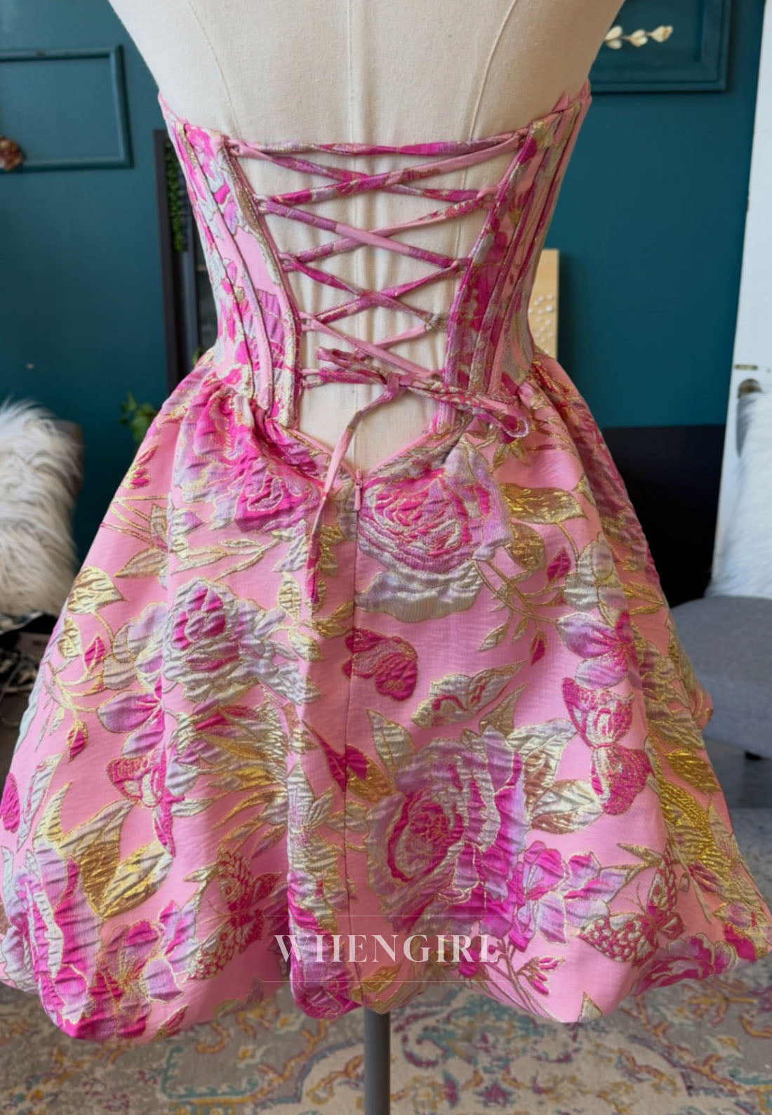 Strapless Floral Jacquard Corset Mini Dress, Lace-Up Back