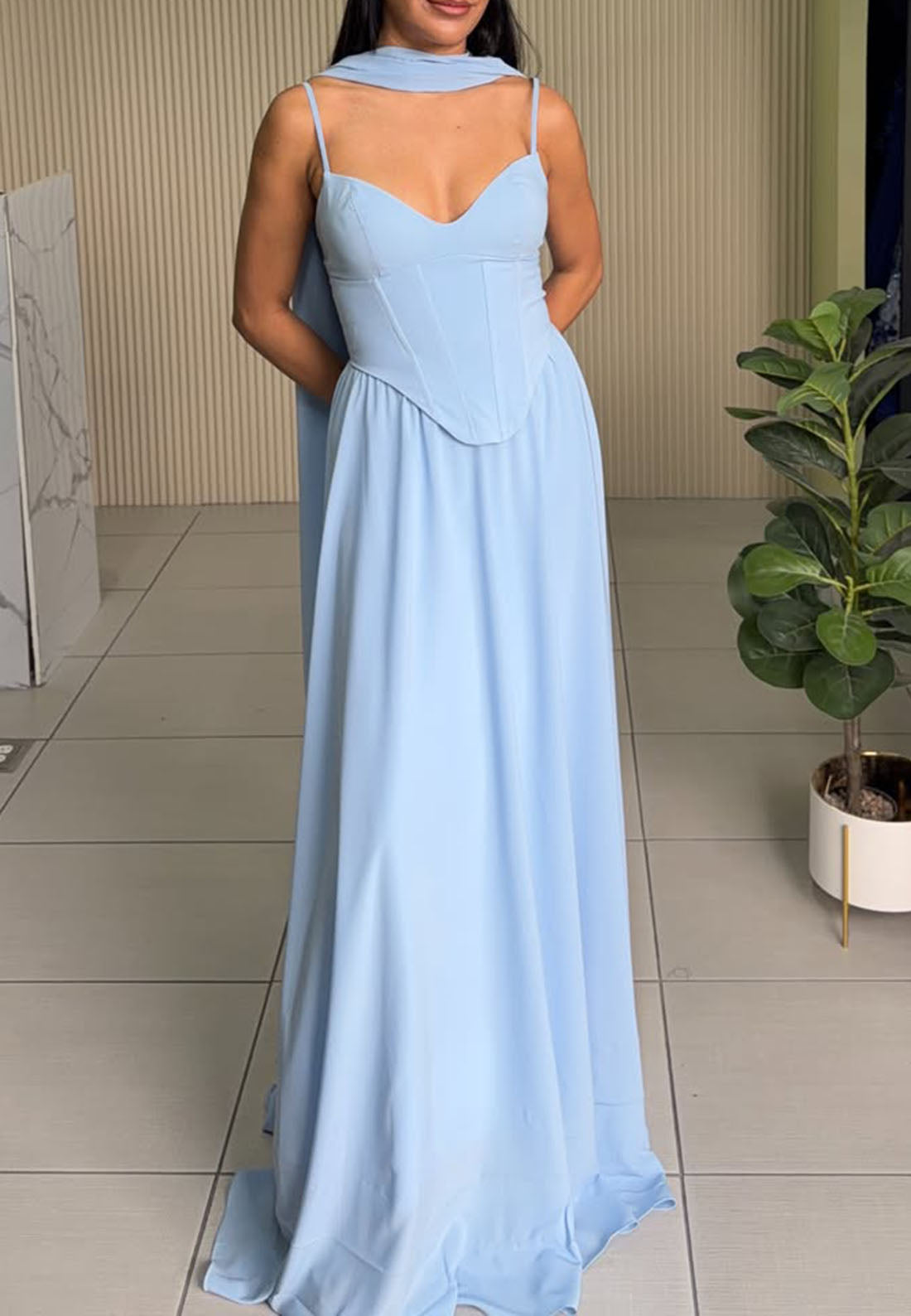 Corset Bodice Maxi Dress with Matching Scarf