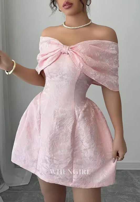 Off-the-Shoulder Jacquard Bow Mini Dress