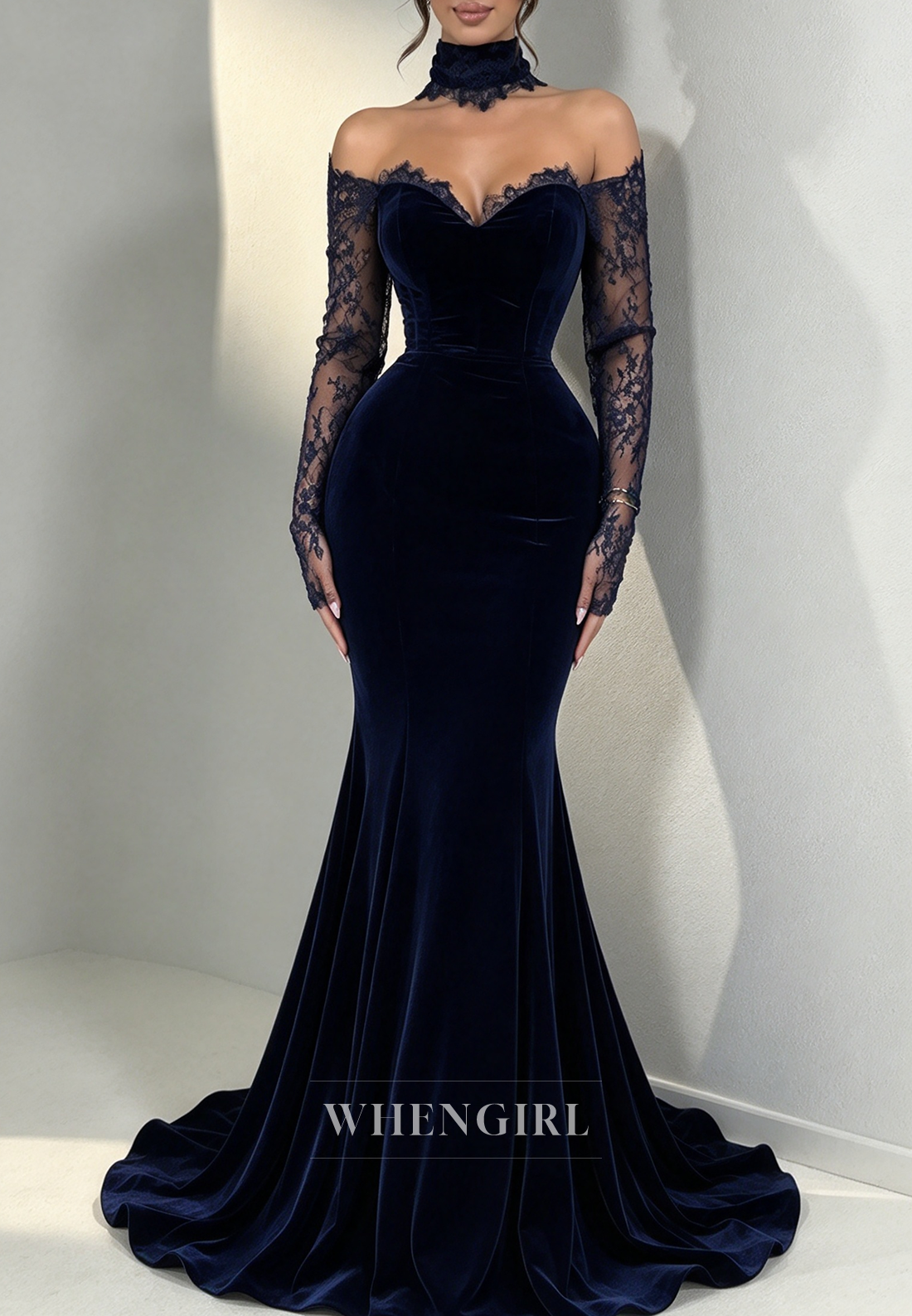 Velvet Mermaid Gown with Lace Sleeves and Choker