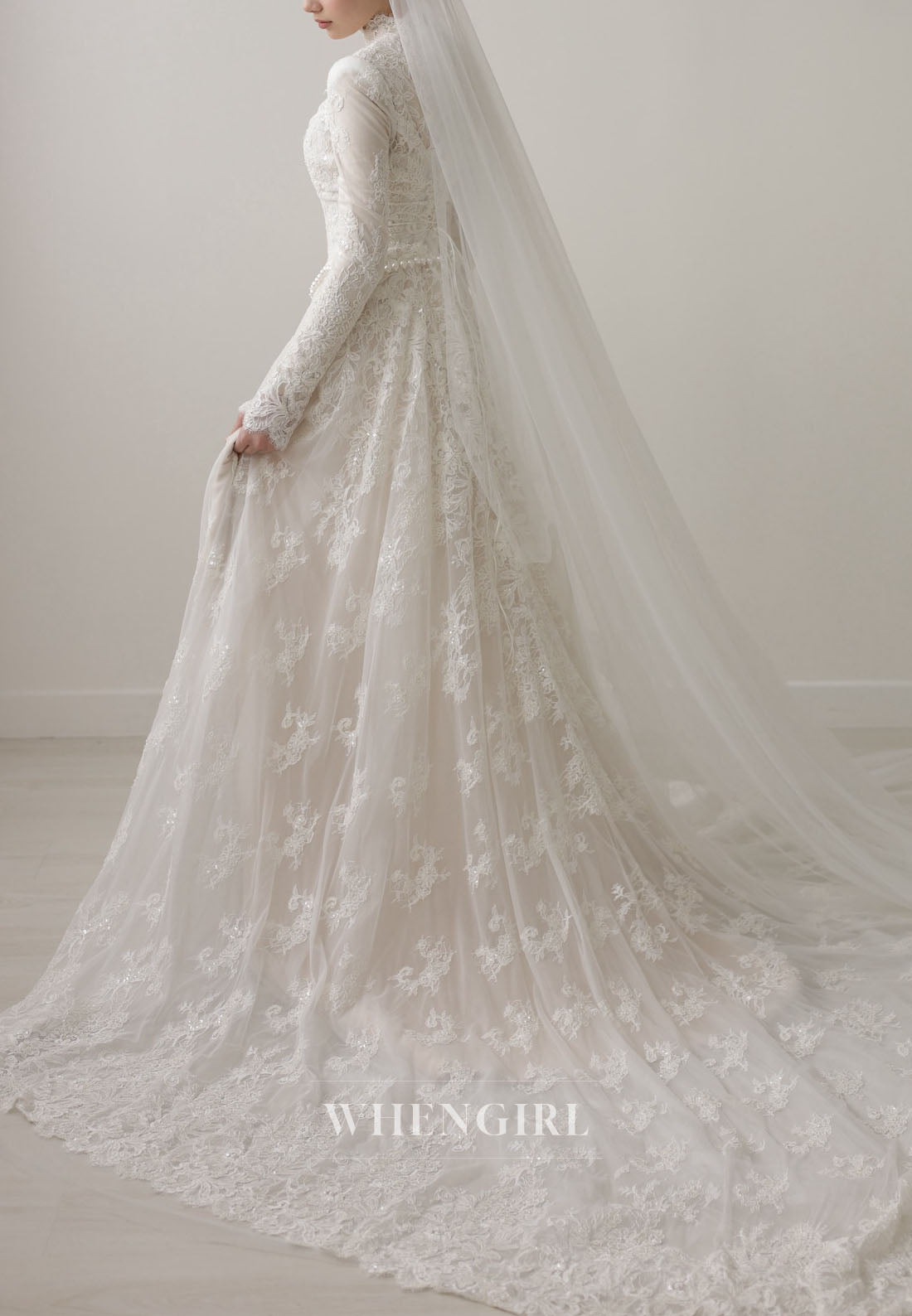 High Neck Lace Wedding Dress with Long Sleeves
