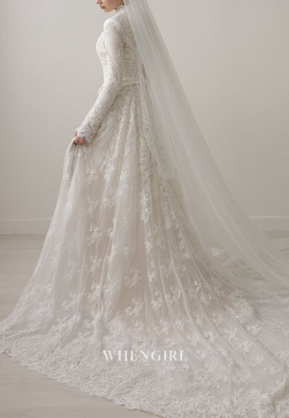 High Neck Lace Wedding Dress with Long Sleeves