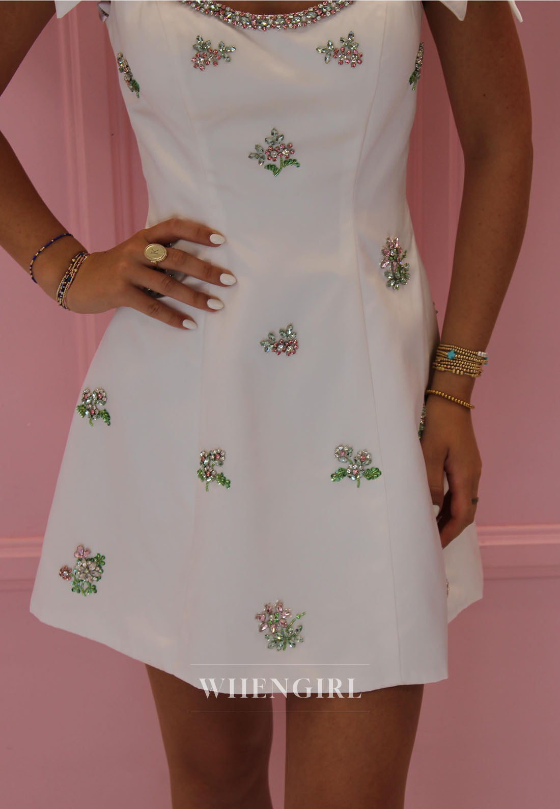 A-Line Mini Dress with Bow Straps and Crystal Florals