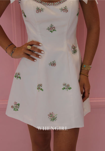 A-Line Mini Dress with Bow Straps and Crystal Florals