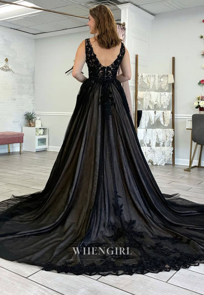 Beaded Lace Applique Tulle Gown with Train
