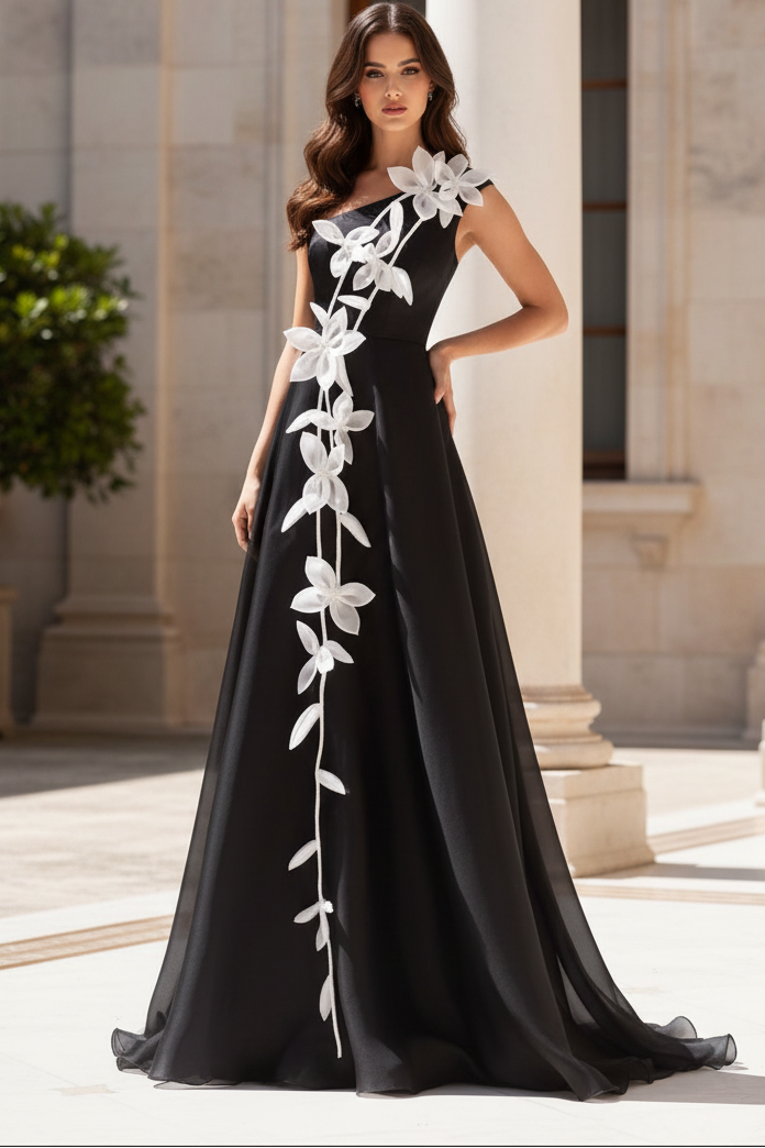 One-Shoulder Floral Applique A-Line Gown