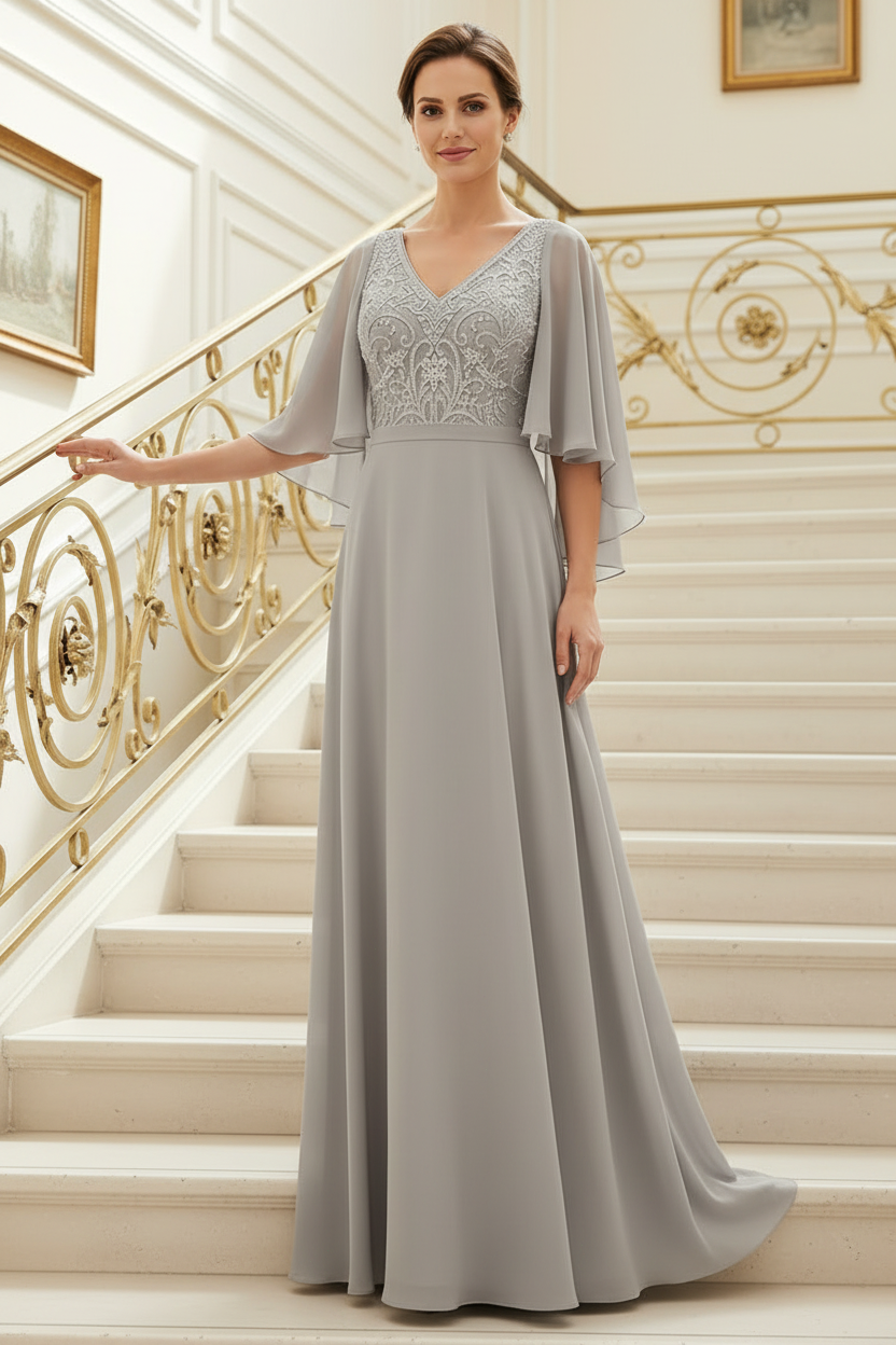 Embroidered Chiffon A-Line Gown with Capelet