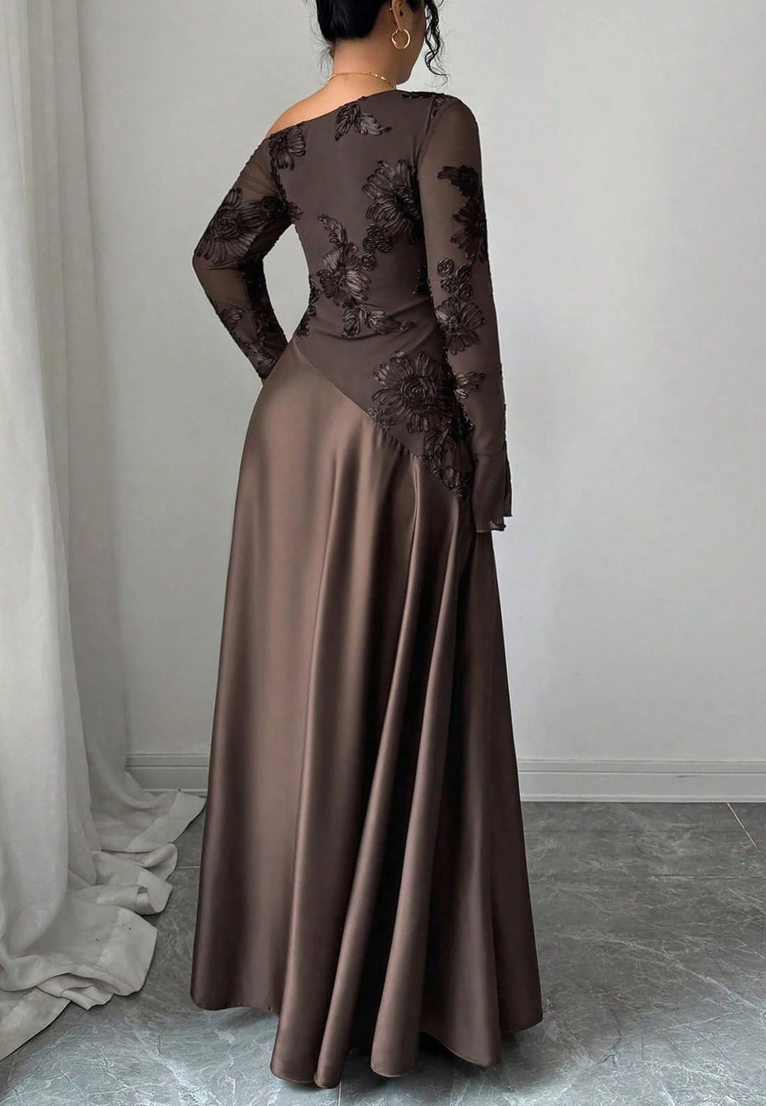 Asymmetrical Neck Floral Lace Maxi Dress