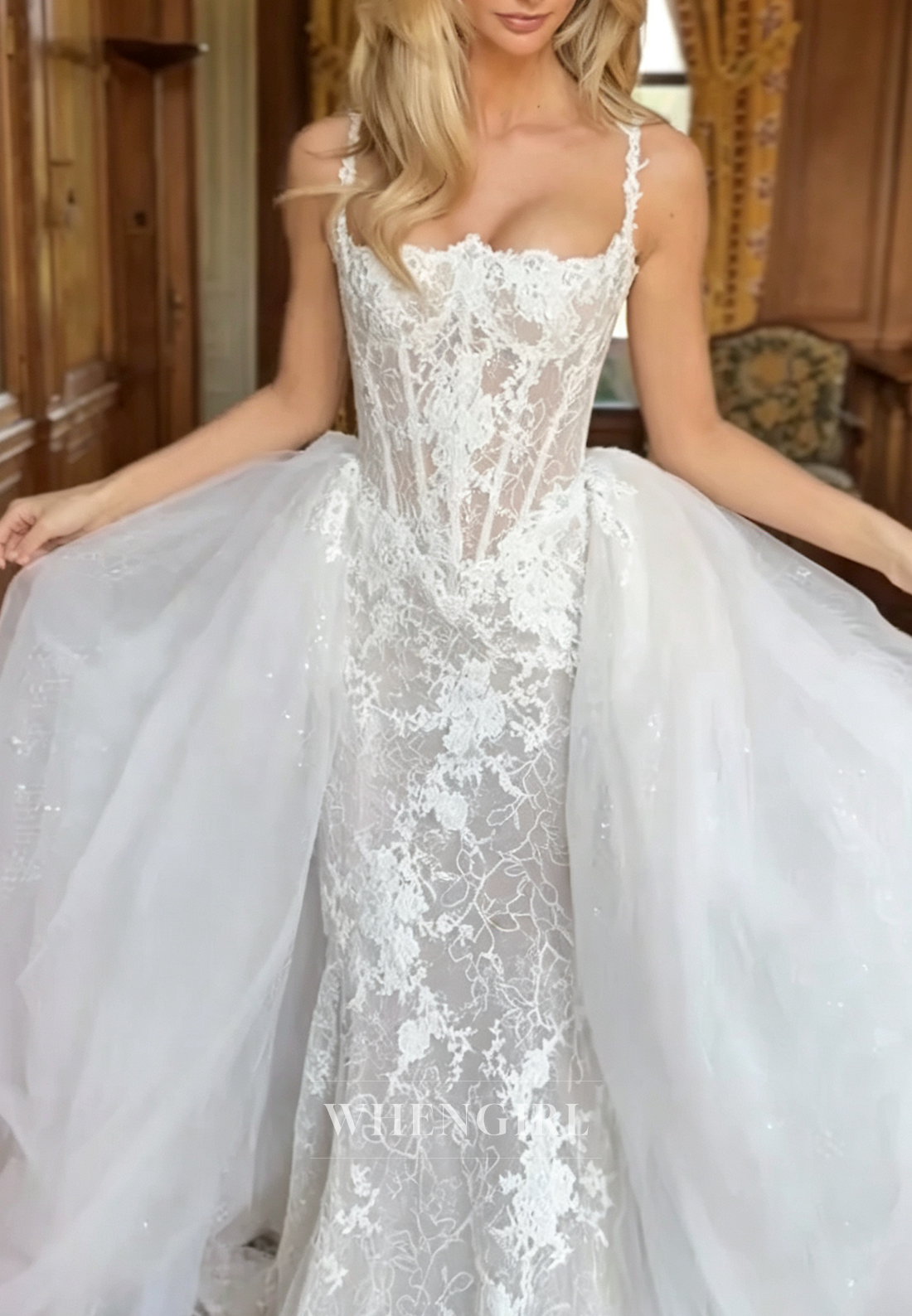 Lace Sheath Wedding Dress with Tulle Overskirt