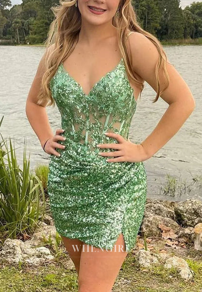 Sequin V-Neck Bodycon Mini Dress with Open Back