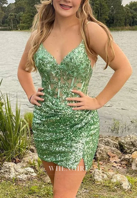 Sequin V-Neck Bodycon Mini Dress with Open Back