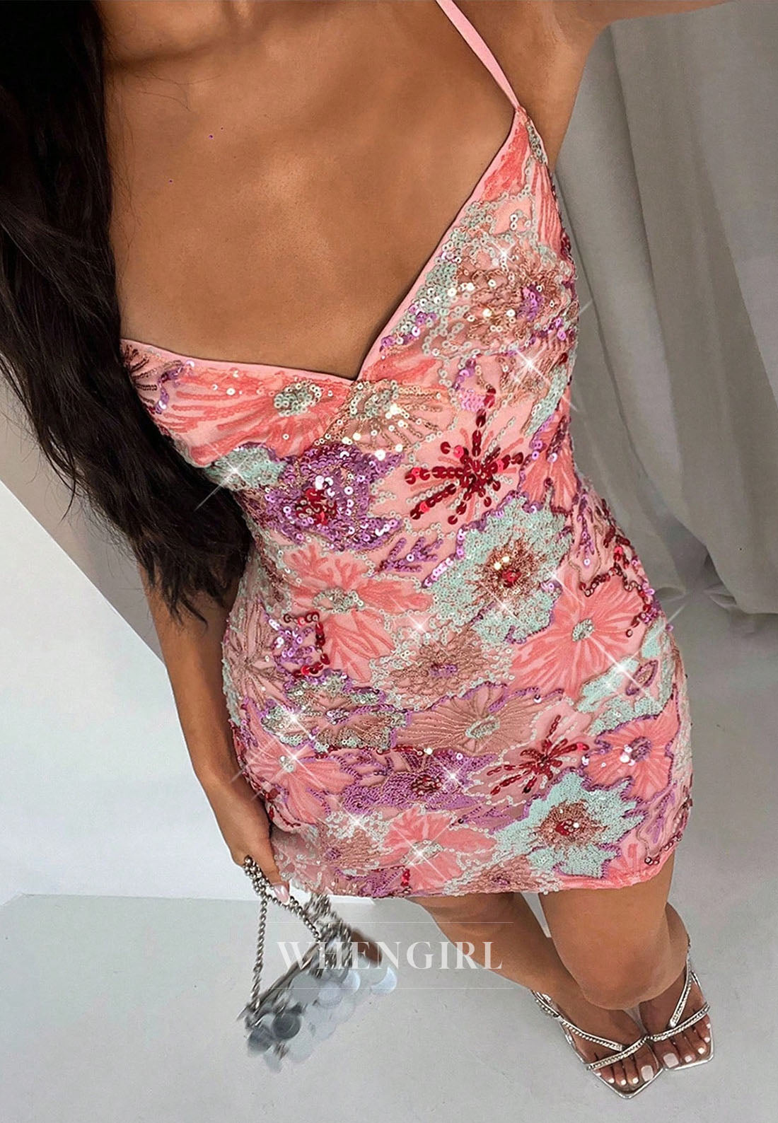 Floral Sequin Lace-Up Back Mini Dress