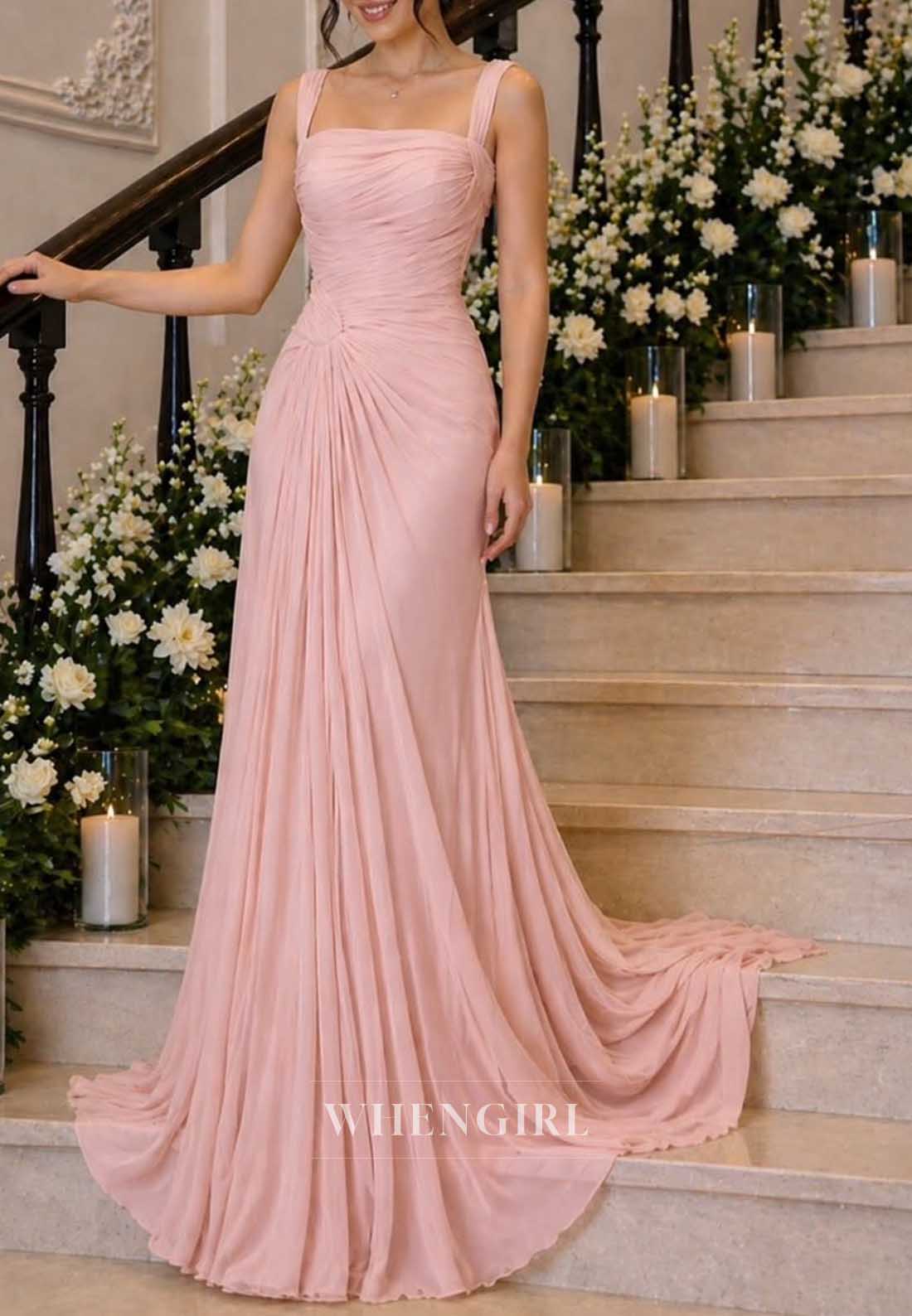 Elegant Square Neck Pleated Chiffon Gown
