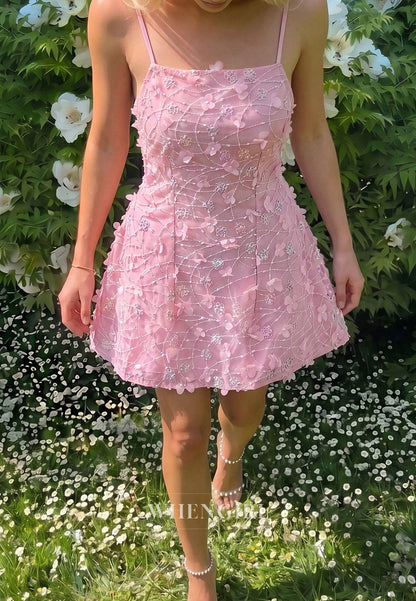 3D Floral Applique Spaghetti Strap Mini Dress