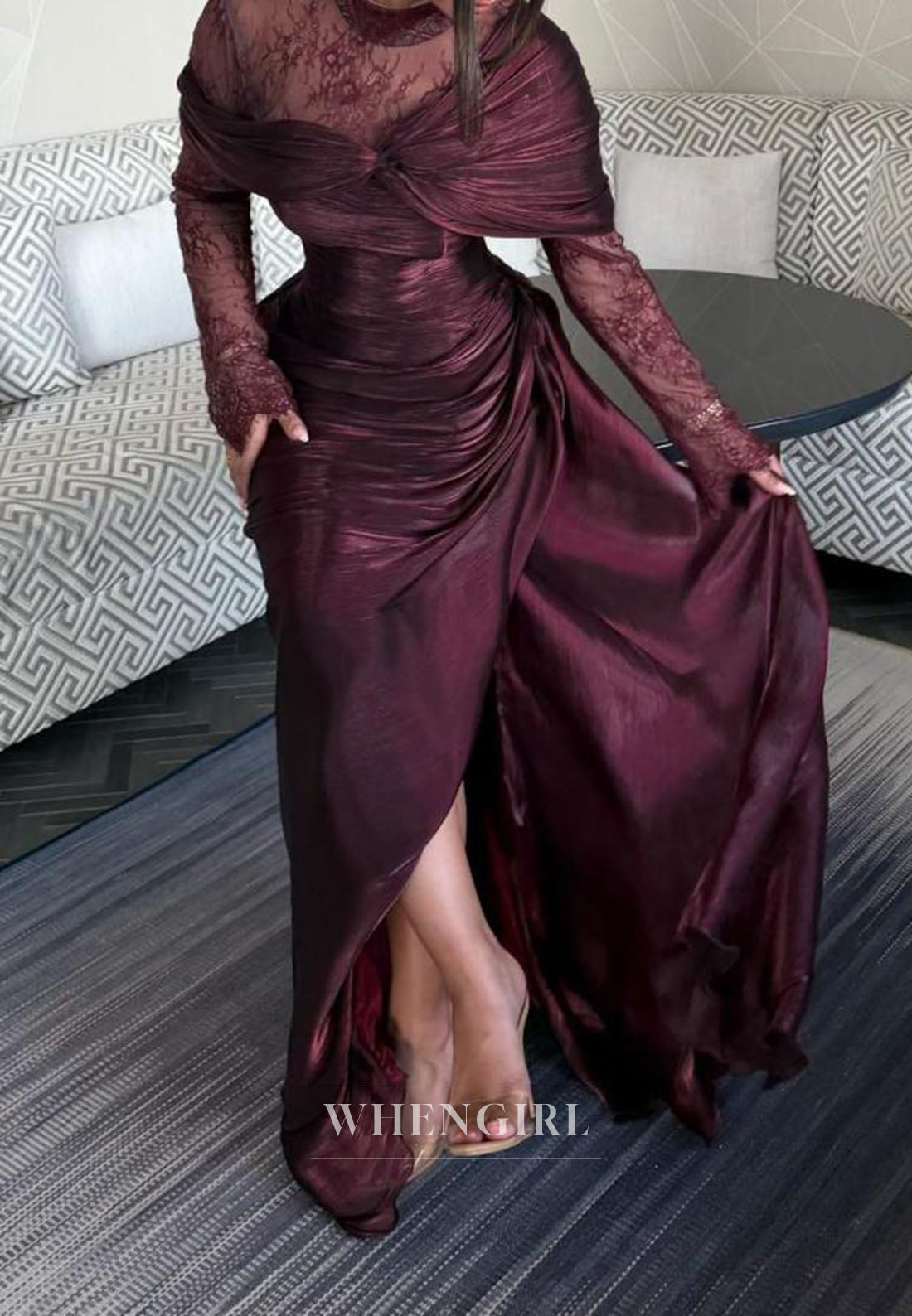 Draped Maxi Gown with Lace Underlay and High Slit