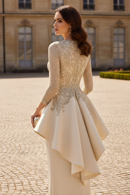 Long Sleeve Embroidered Peplum Sheath Evening Gown