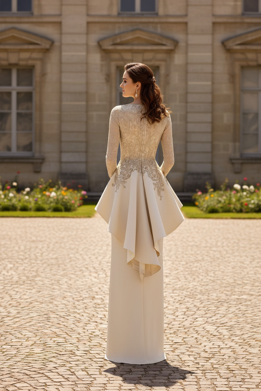 Long Sleeve Embroidered Peplum Sheath Evening Gown