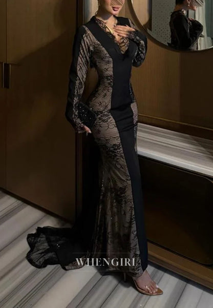 Lace Panel Mermaid Evening Gown with Train