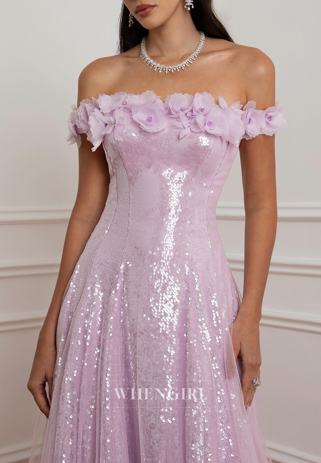 Sequin Off-the-Shoulder 3D Floral Gown