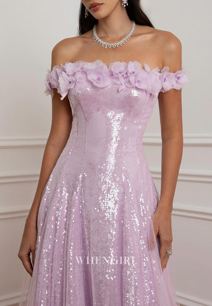 Sequin Off-the-Shoulder 3D Floral Gown