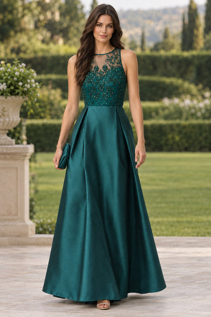 Embellished Illusion Bodice Pleated Evening Gown