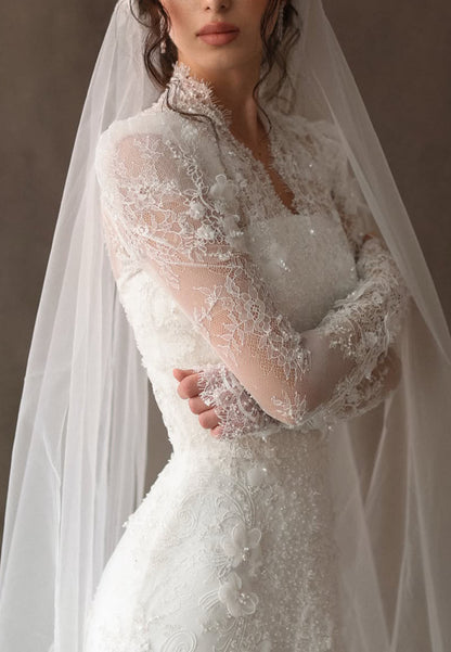 Lace High Neck Long Sleeve Wedding Dress