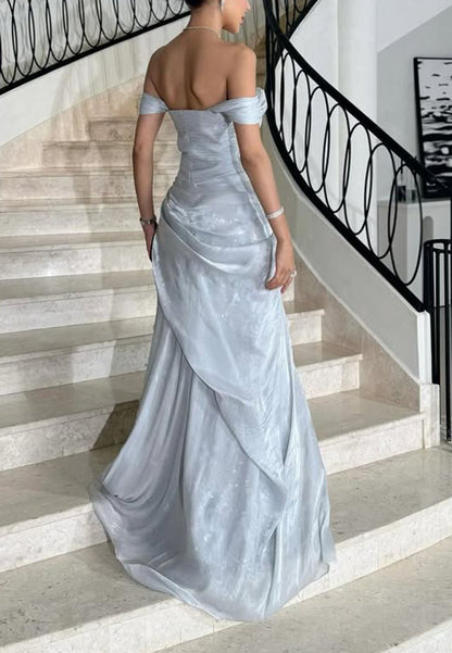 Off-the-Shoulder Draped Gown with 3D Flowers