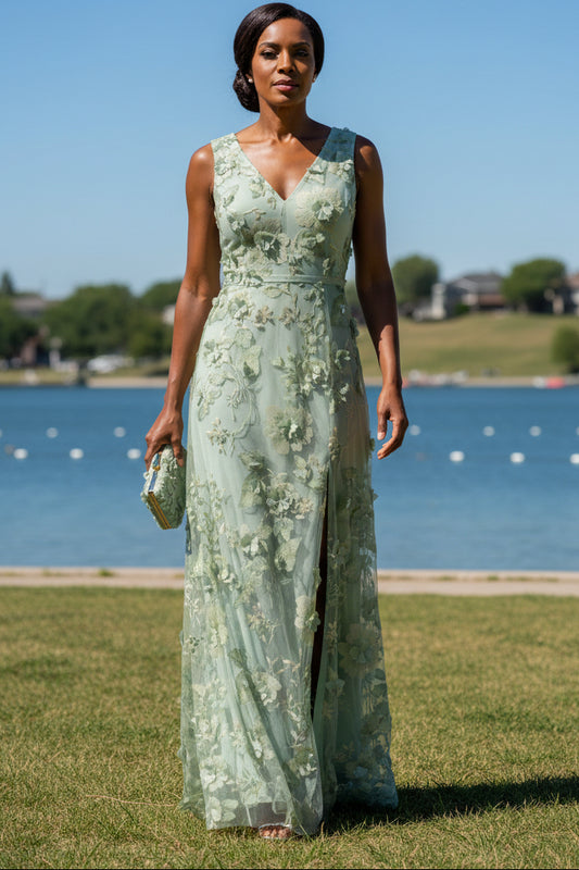 V-Neck 3D Floral Applique Maxi Dress with Slit