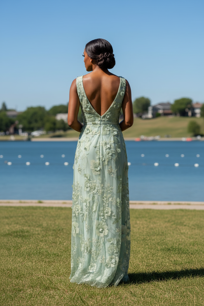V-Neck 3D Floral Applique Maxi Dress with Slit
