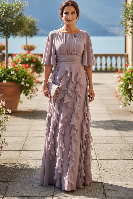 Flutter Sleeve Ruffled Chiffon Evening Gown