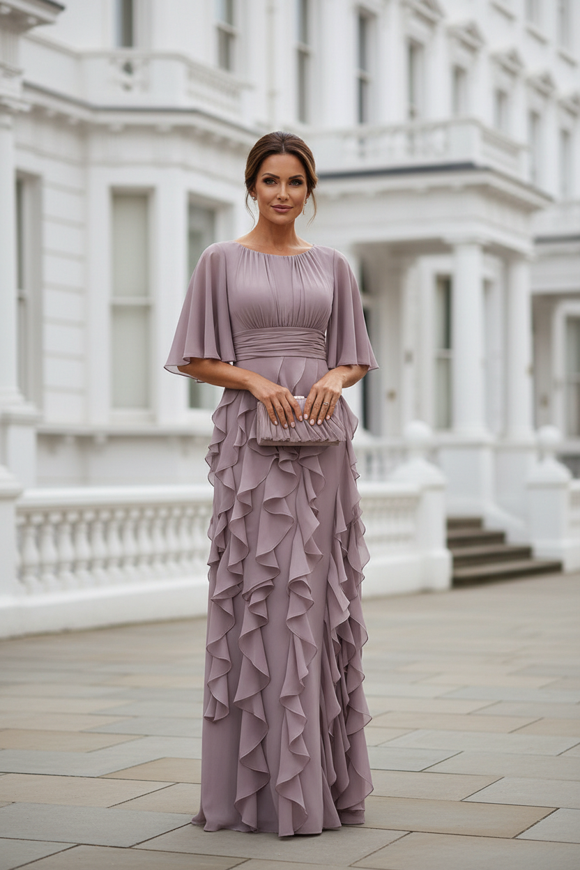 Flutter Sleeve Ruffled Chiffon Evening Gown