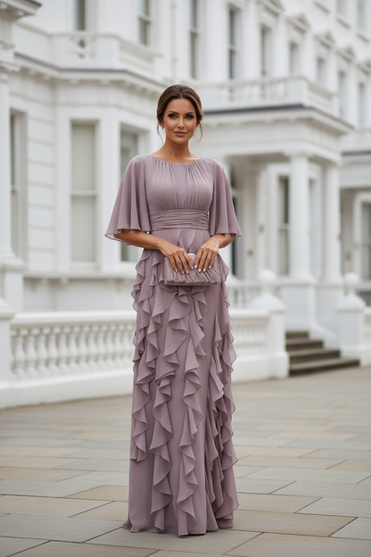 Flutter Sleeve Ruffled Chiffon Evening Gown