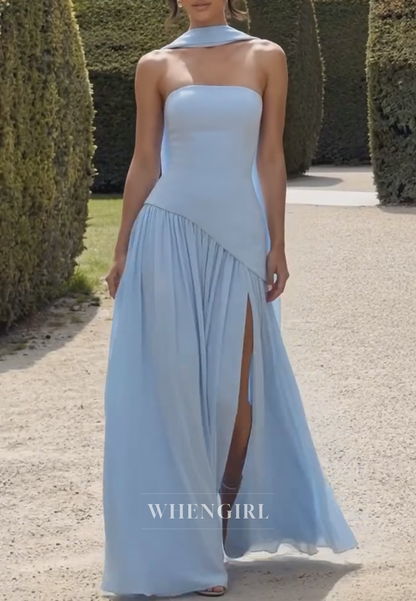 Strapless Asymmetrical Drop-Waist Gown with Scarf
