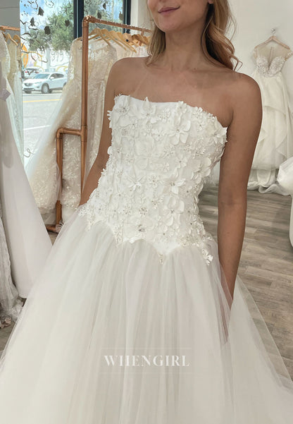 Strapless 3D Floral Bodice Tulle Wedding Ball Gown