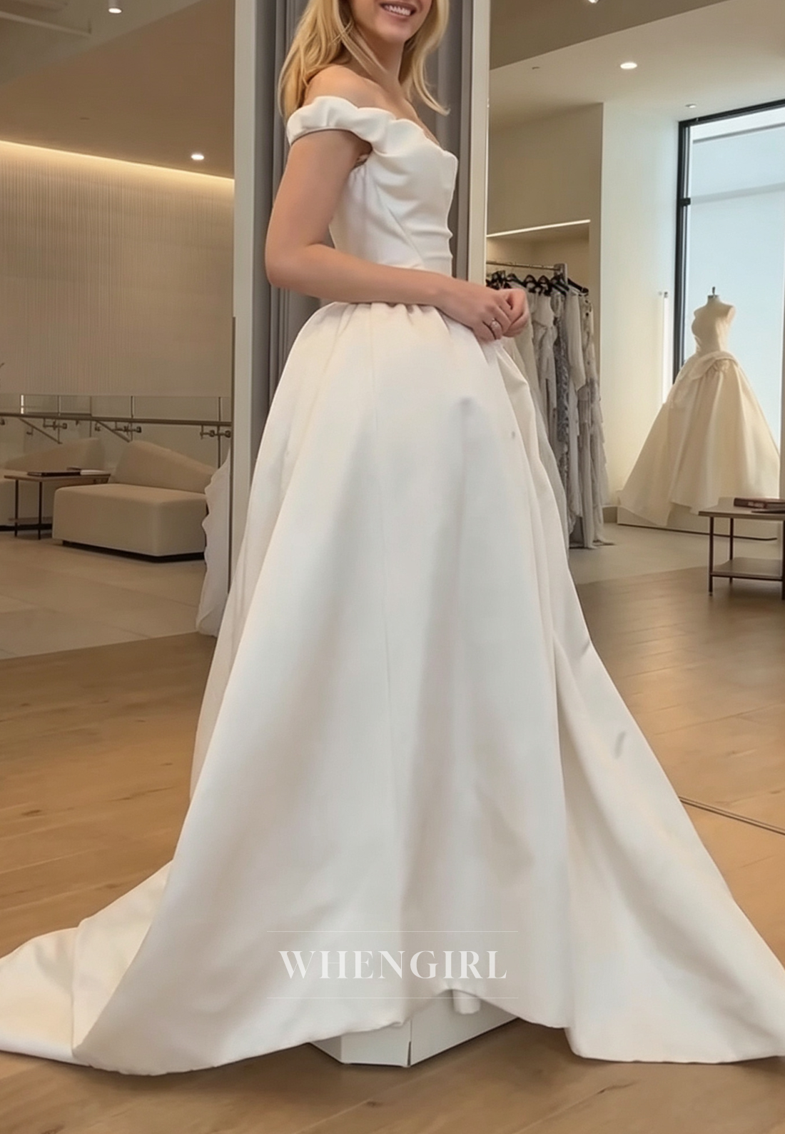 Off-the-Shoulder Pleated Ball Gown Wedding Dress