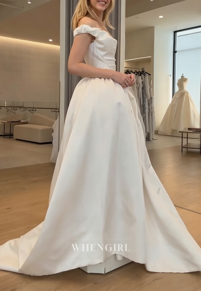 Off-the-Shoulder Pleated Ball Gown Wedding Dress