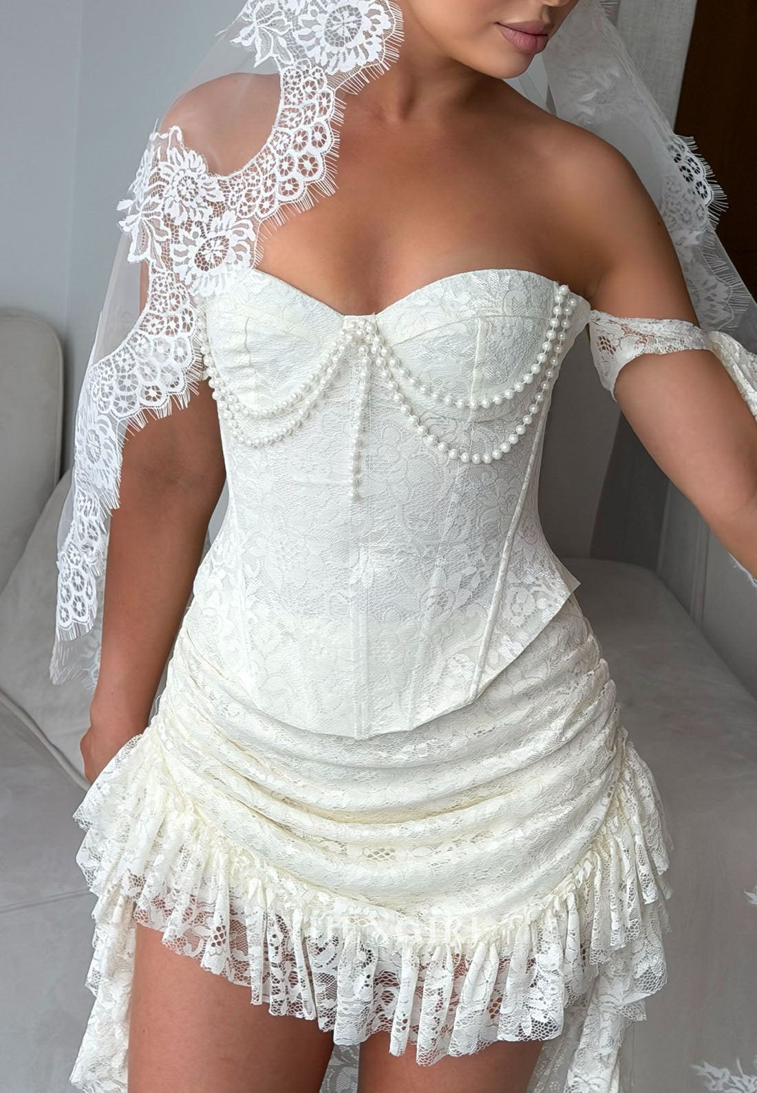 Lace Corset Mini Dress with Faux Pearls