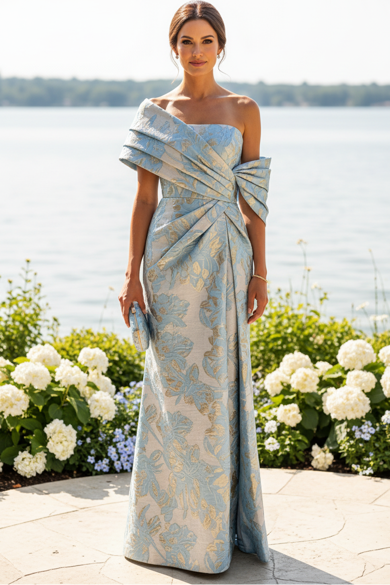 Sculptural One-Shoulder Pleated Floral Maxi Dress