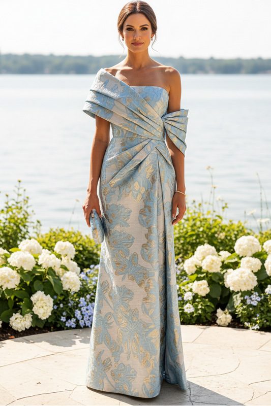 Sculptural One-Shoulder Pleated Floral Maxi Dress