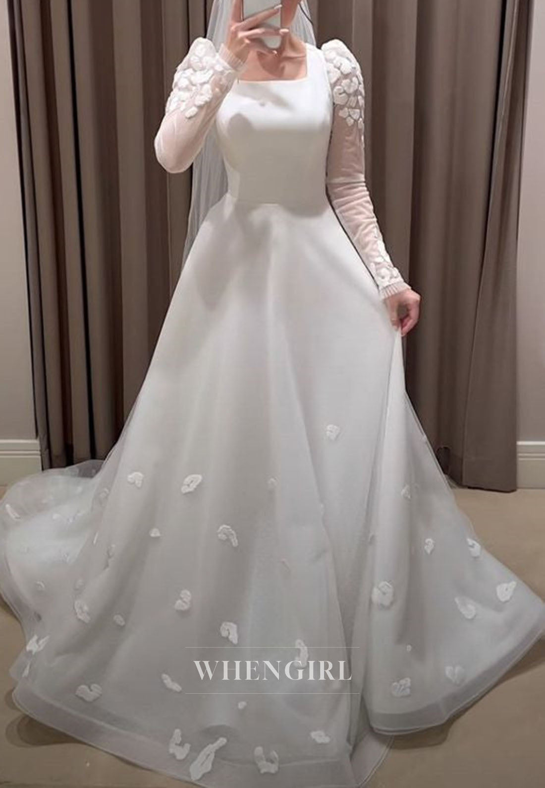 Square Neck A-Line Wedding Dress with 3D Flowers