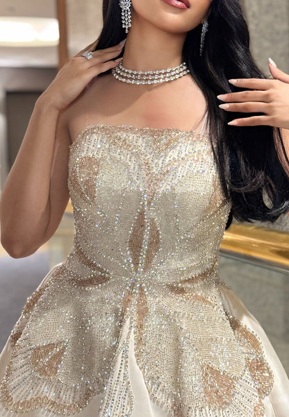 Embellished Bodice Strapless Satin Ball Gown