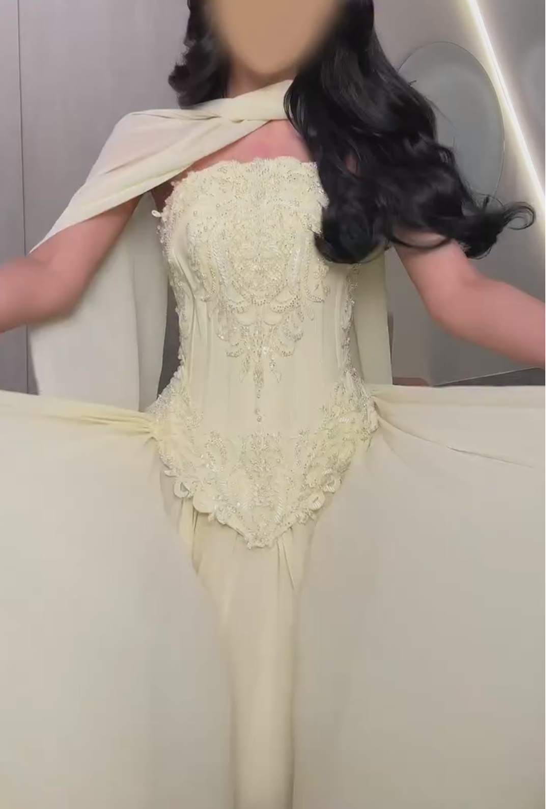 Embroidered Corset Gown with Draped Cape