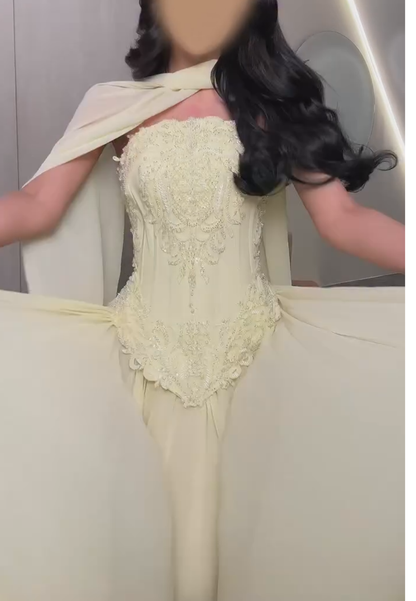 Embroidered Corset Gown with Draped Cape