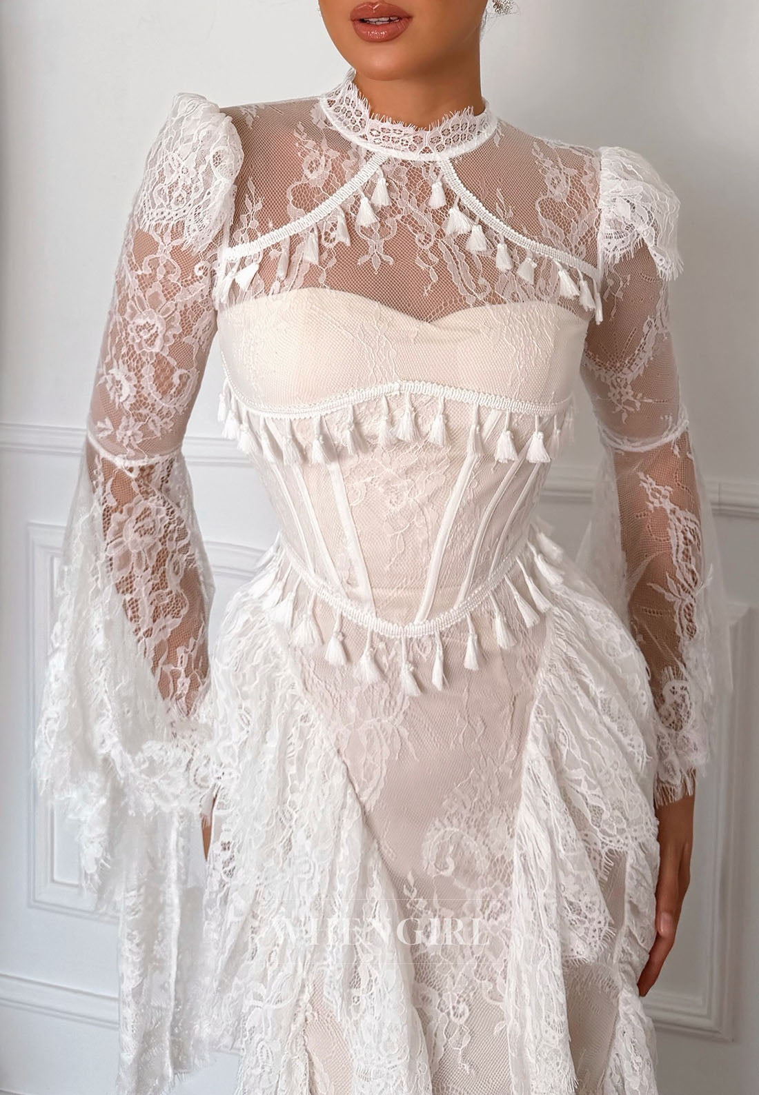 Lace Bell Sleeve Corset Gown with Tassels