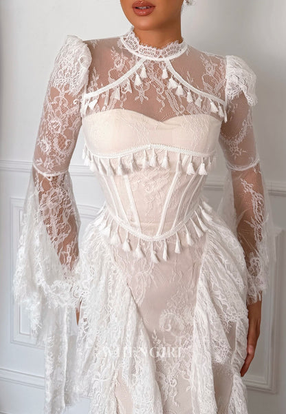 Lace Bell Sleeve Corset Gown with Tassels