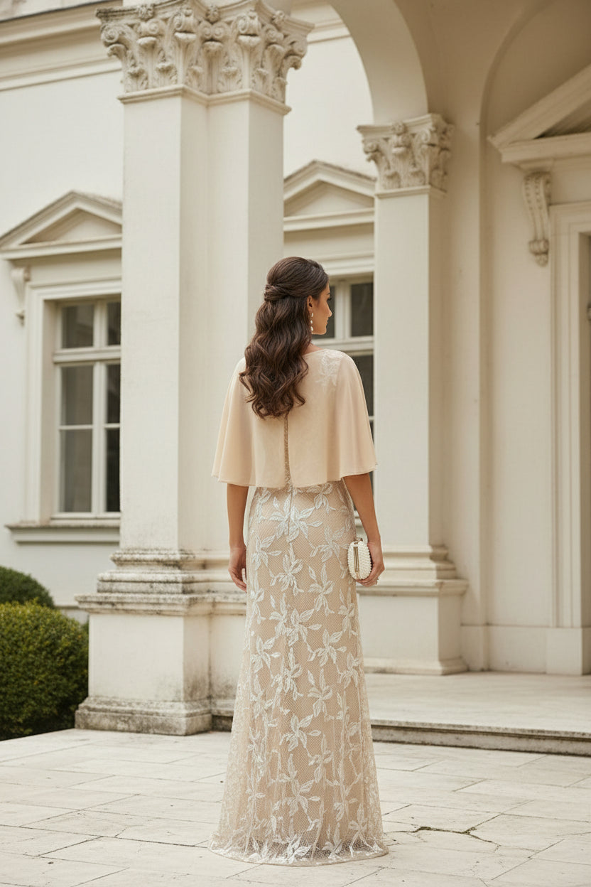 Embroidered Floral Maxi Dress with Capelet