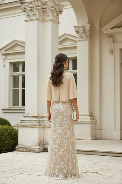 Embroidered Floral Maxi Dress with Capelet