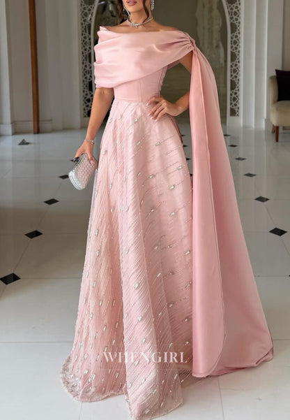 Draped Shawl Neck A-Line Gown with Embellished Skirt